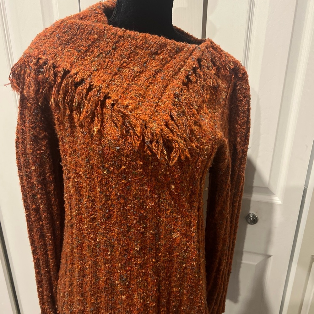 CHICO’s DESIGN Textured Rust Sweater with Fringe